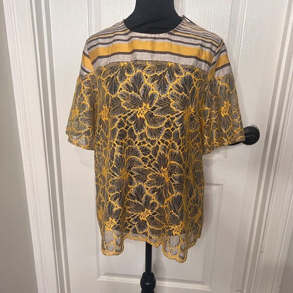 Anthropologie Floral  Short Sleeve Casual Lace  Blouse‎  Stripe Top Size 6 NWT - Picture 8 of 9